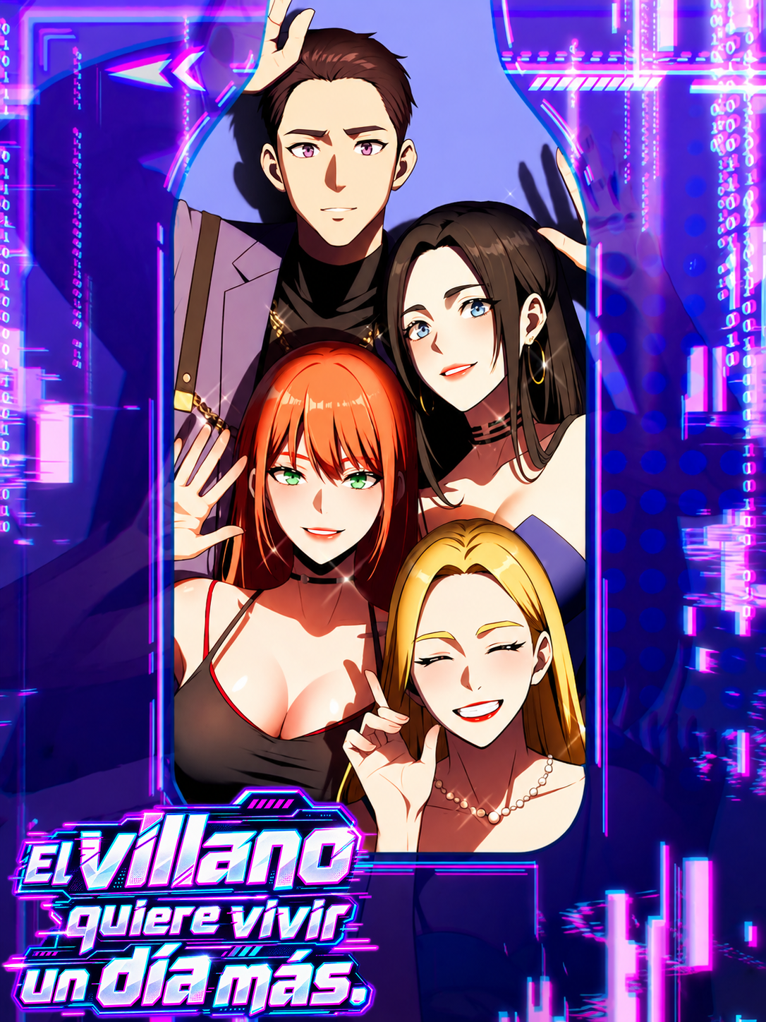 Selfie grupal anime en marco neón