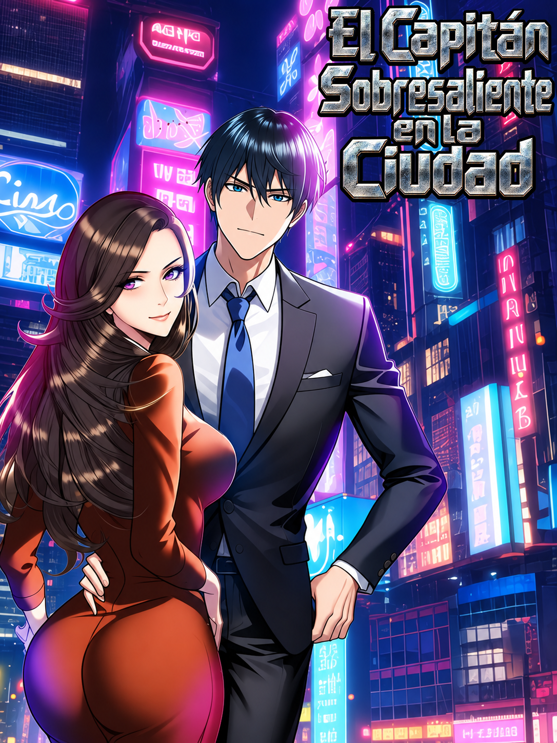 Pareja en una ciudad cyberpunk de neón